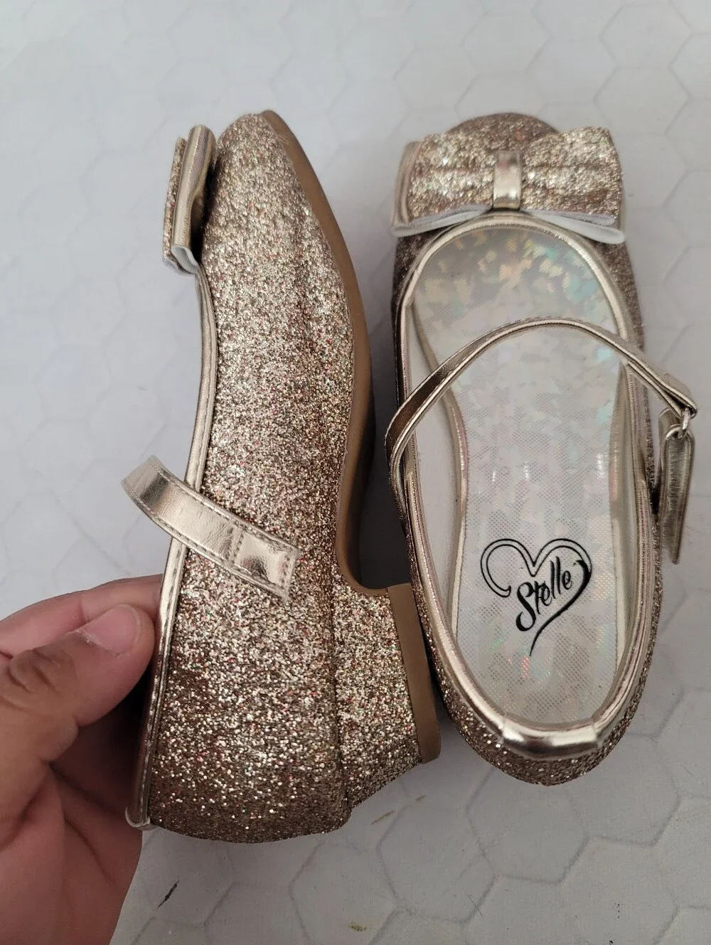 Girls 12 Gold Glitter Metallic Shimmer Wedding‎ Shoes Party Formal Bow Stelle